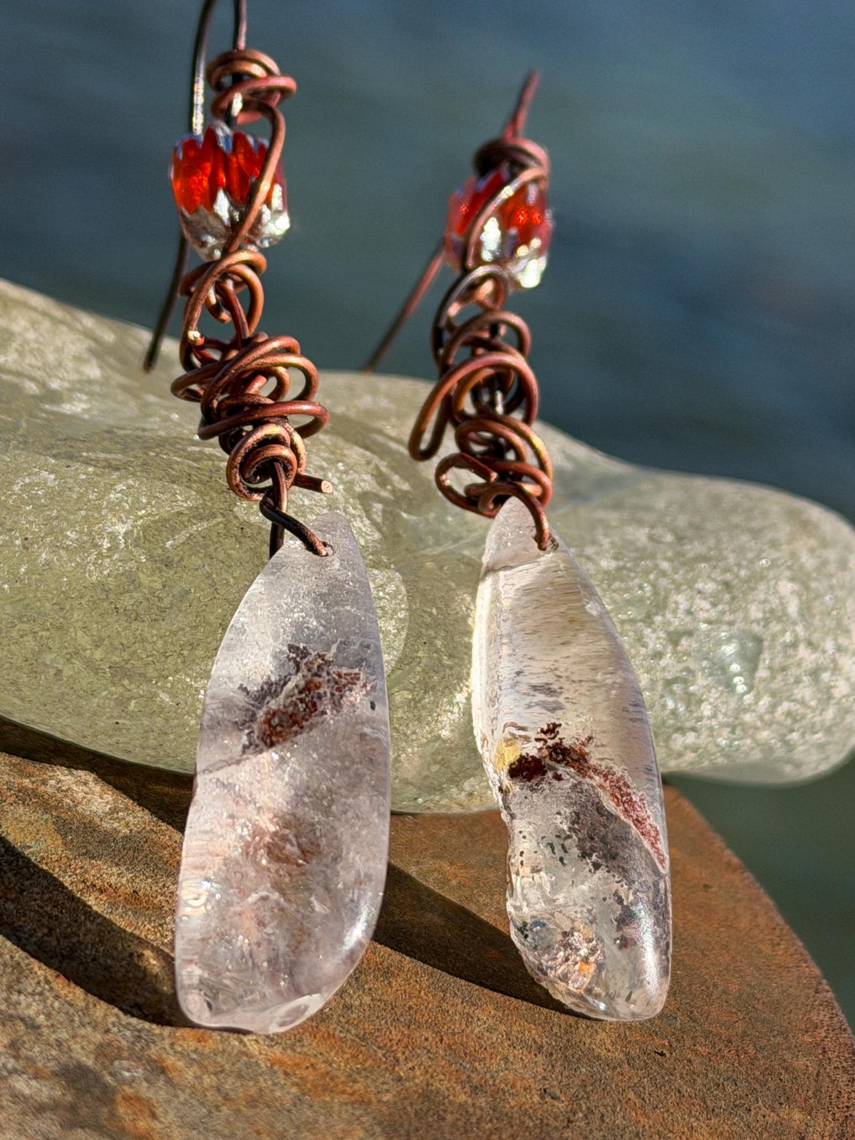 Ethically sourced ghost quartz gemstone earrings  on recycled copper. Handmade earrings. Ethical jewellery, boho jewellery. Unique earrings.