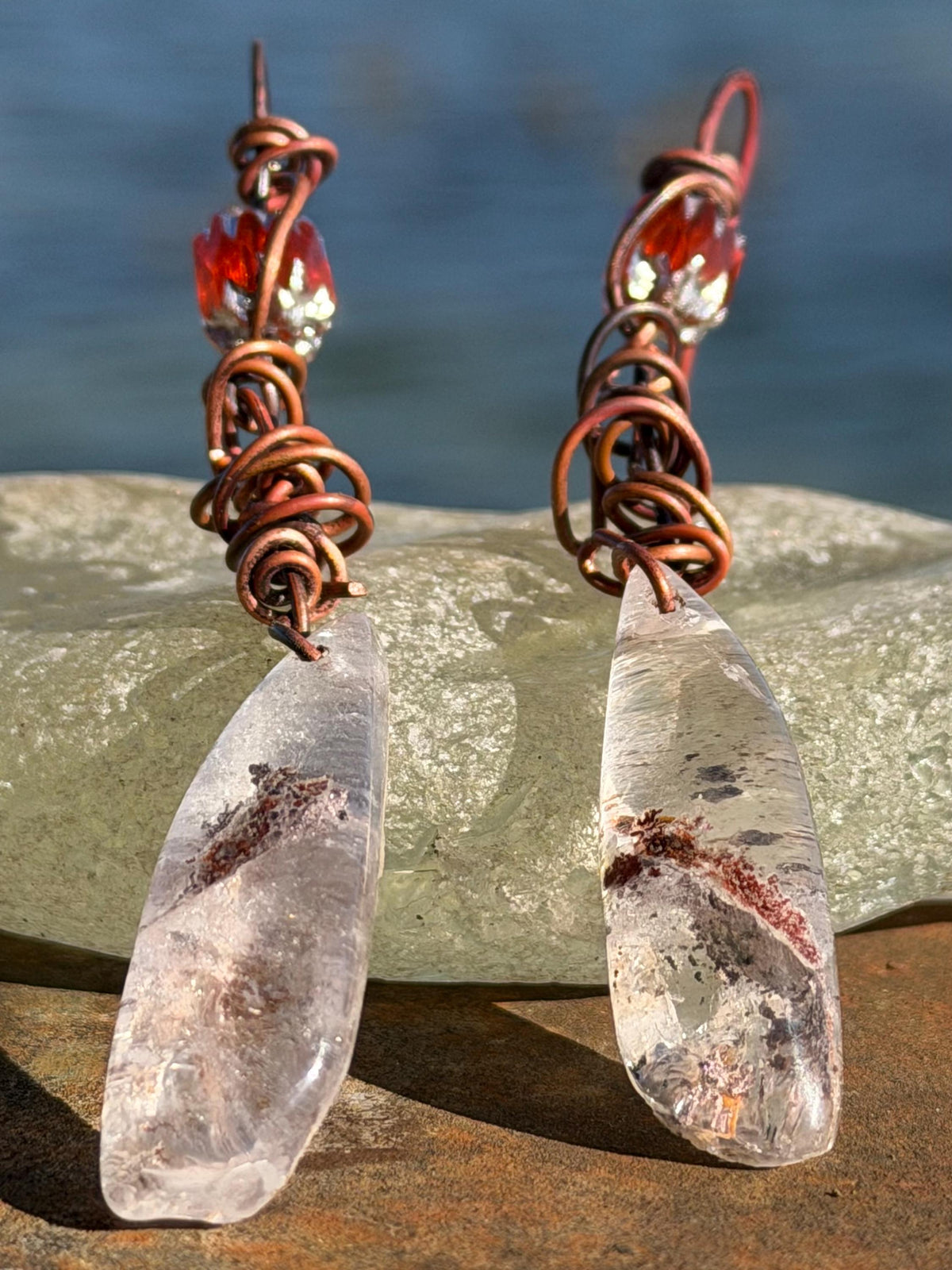 Ethically sourced ghost quartz gemstone earrings  on recycled copper. Handmade earrings. Ethical jewellery, boho jewellery. Unique earrings.