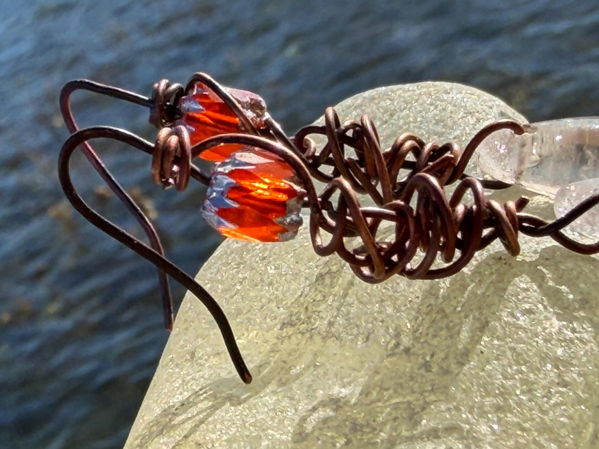 Ethically sourced ghost quartz gemstone earrings  on recycled copper. Handmade earrings. Ethical jewellery, boho jewellery. Unique earrings.