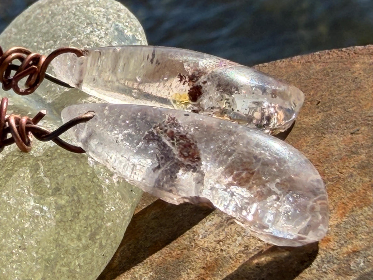 Ethically sourced ghost quartz gemstone earrings  on recycled copper. Handmade earrings. Ethical jewellery, boho jewellery. Unique earrings.
