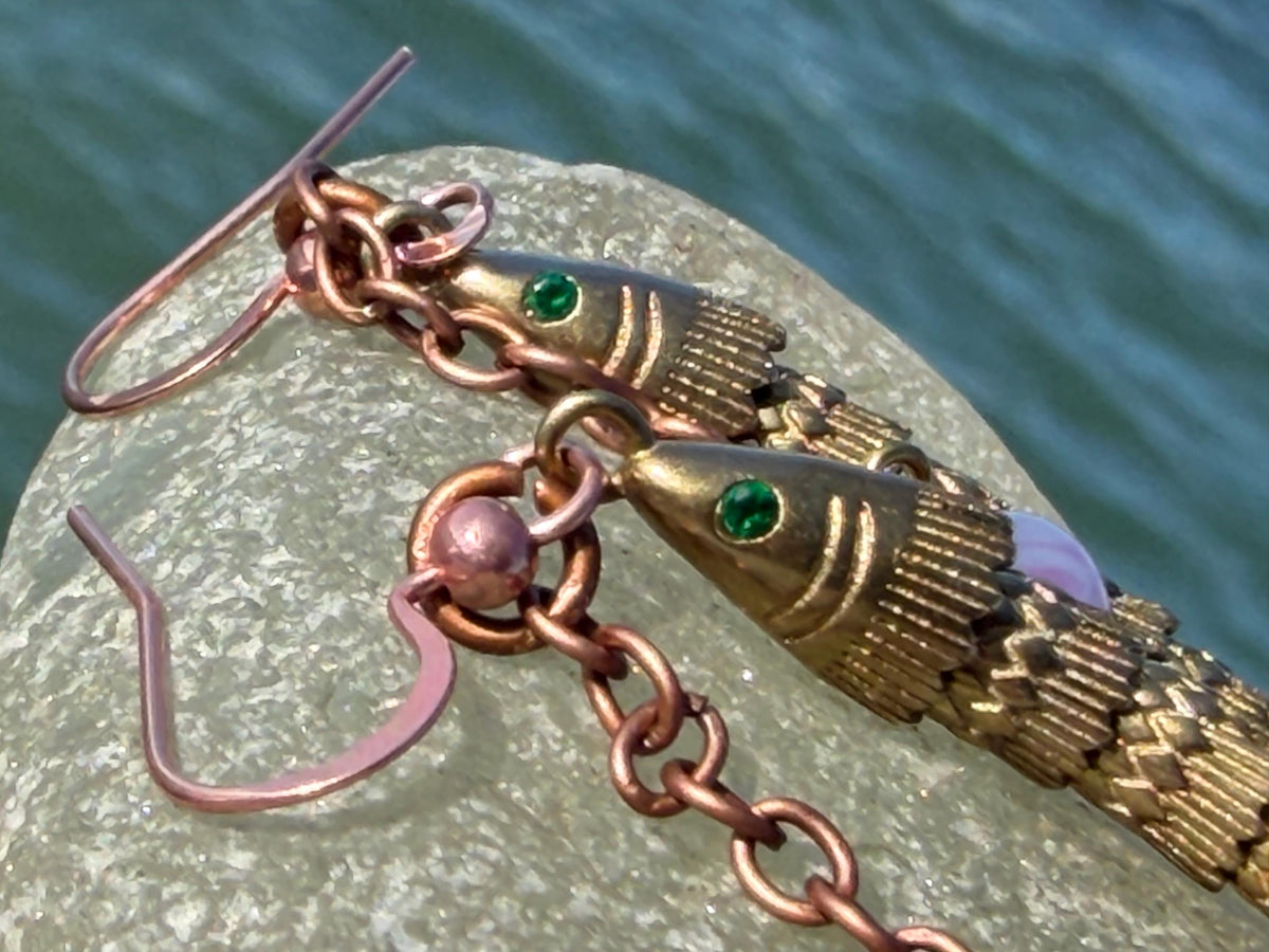 Articulated fish earrings. Articulated jewellery. Eco friendly handmade jewellery.  Boho unusual earrings. Ethical and unique earrings.
