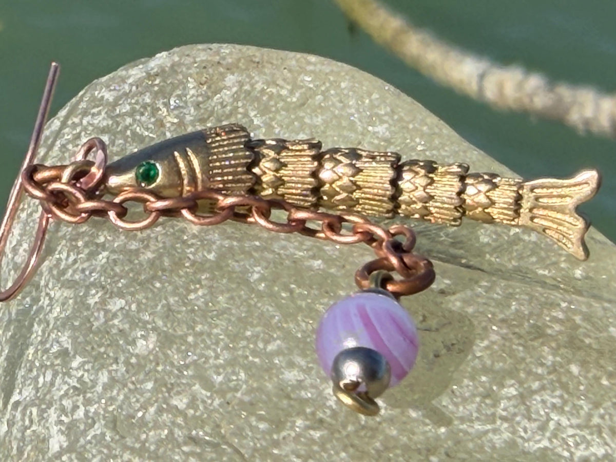 Articulated fish earrings. Articulated jewellery. Eco friendly handmade jewellery.  Boho unusual earrings. Ethical and unique earrings.