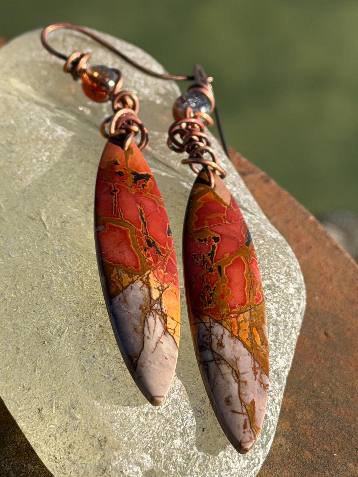 Picasso jasper gemstone earrings. Ethical jewellery, orange gemstone earrings. Stunning unique jewellery. Eco friendly unique earrings.