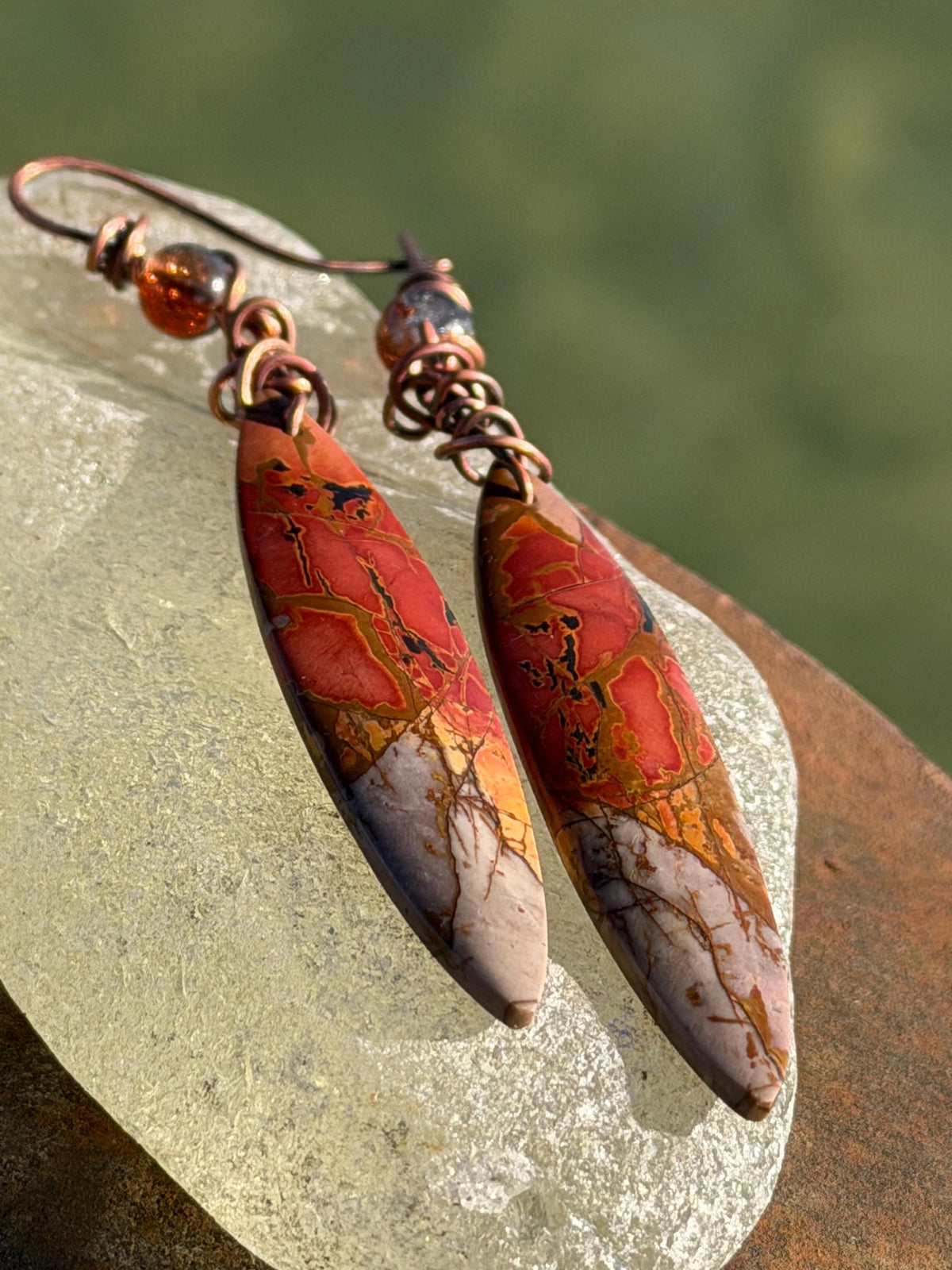 Picasso jasper gemstone earrings. Ethical jewellery, orange gemstone earrings. Stunning unique jewellery. Eco friendly unique earrings.