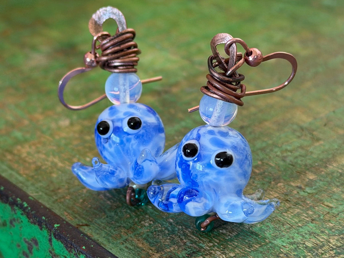 Glass octopus earrings made from recycled copper and glass. Octopus jewellery. Handmade earrings. Eco friendly jewellery.
