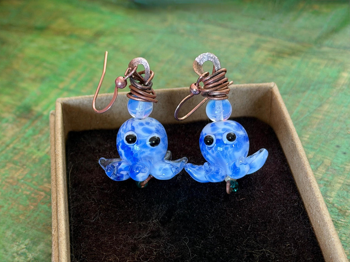 Glass octopus earrings made from recycled copper and glass. Octopus jewellery. Handmade earrings. Eco friendly jewellery.