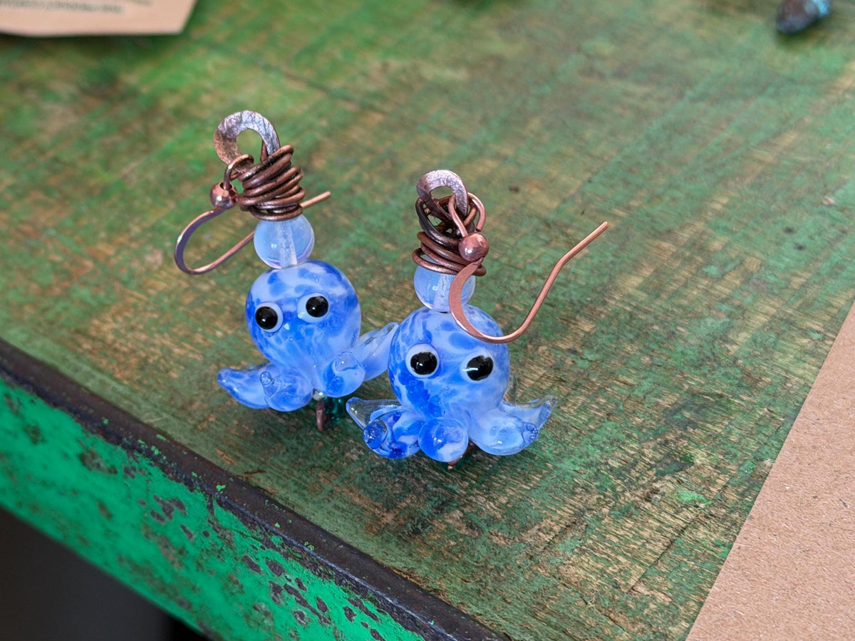 Glass octopus earrings made from recycled copper and glass. Octopus jewellery. Handmade earrings. Eco friendly jewellery.