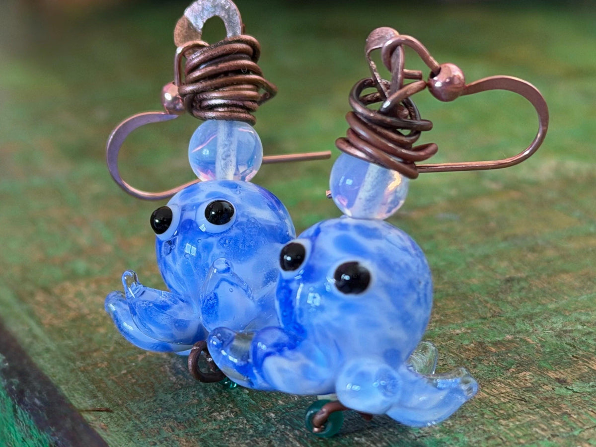Glass octopus earrings made from recycled copper and glass. Octopus jewellery. Handmade earrings. Eco friendly jewellery.