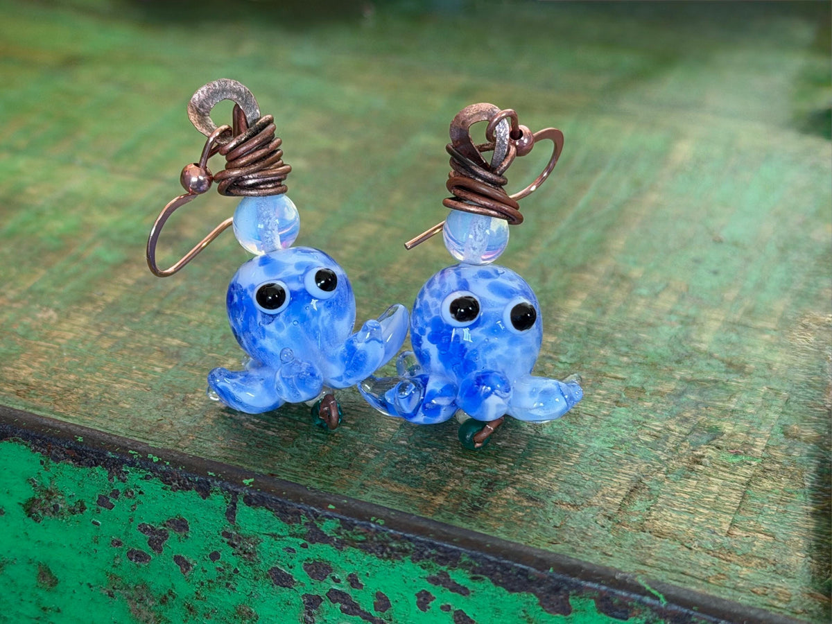 Glass octopus earrings made from recycled copper and glass. Octopus jewellery. Handmade earrings. Eco friendly jewellery.